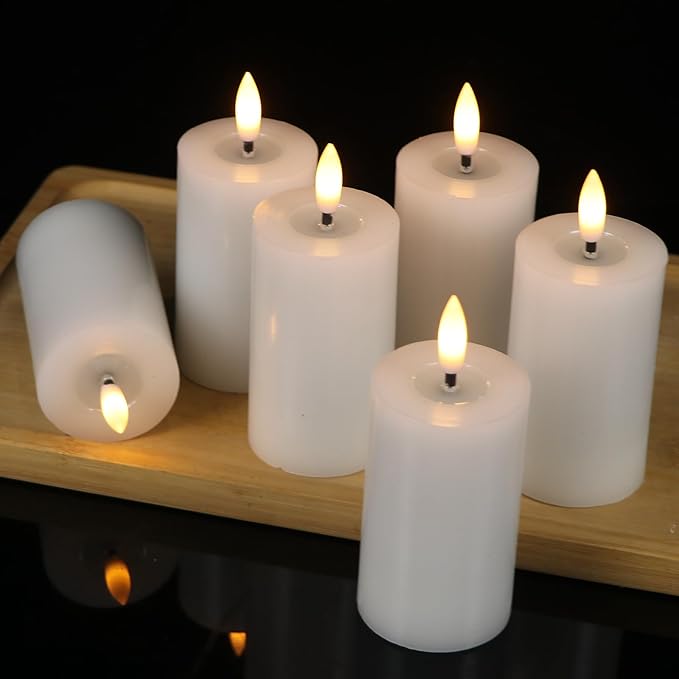 Mirror Surface Votive Candles Battery Operated with Remote Timer, 6pcs Real Wax LED Votive Candle Realistic Flickering for Wreaths Memorial Lantern Φ 2" H 4.5” White
