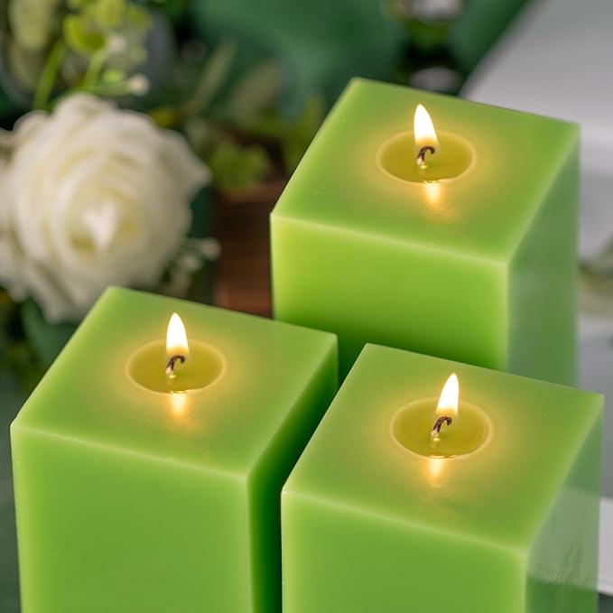 KONNI Square Green Pillar Candles Set of 3, 2.8"x 4" Unscented Pillar Candles Bulk, 30 Hours Long Burning Candles, Smokeless and Dripless Large Candle for Wedding, Home Decoration, Parties, Spas