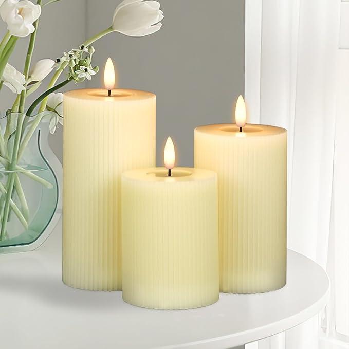 Real Wax Flameless Candles with 6hrs Timer, Battery Led Pillar Candles Flickering 3D Wick Pack of 3 Striped Candles, Party Dinner Home Decor House Warming, Ivory Φ 3" H 5" 6" 7"
