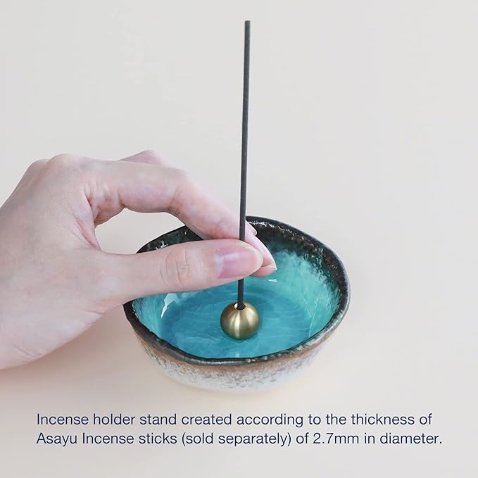 Asayu Japanese Small Mini Incense Holder for Sticks 3.3 inch (83mm), Made in Japan Ceramic Ash Catcher and Brass Incense Burner Set for Yoga, Meditation (Small Mini Nature Ocean Blue Holder)