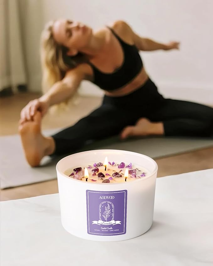 AOOVOO Lavender Scented Candles for Women - 20oz 3 Wick Soy Candles for Home Scented, Aromatherapy Candle with Crystals Inside, Birthday Gifts Mothers Day Candle for Women Mom