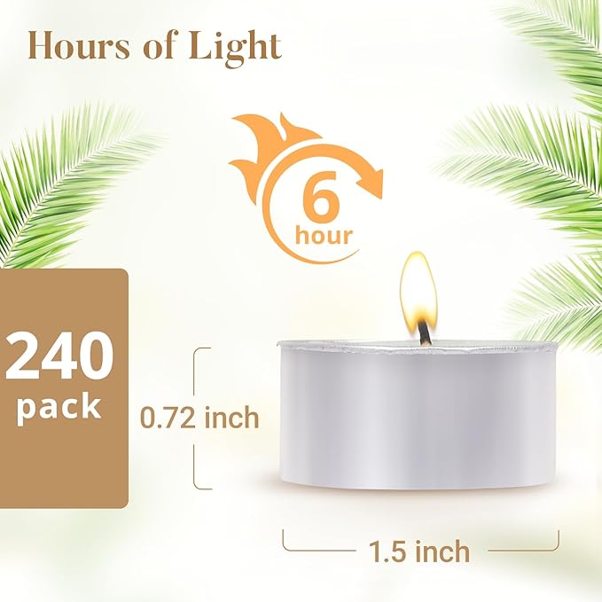 Unscented Tea Lights Candles 240 Pack, 6 Hours Long Burning,White Tea Candles Bulk, Bright Burn with Palm Wax,Smokeless Tealight Candles for Wedding,Centerpiece,Christmas Lights,Home Decorative