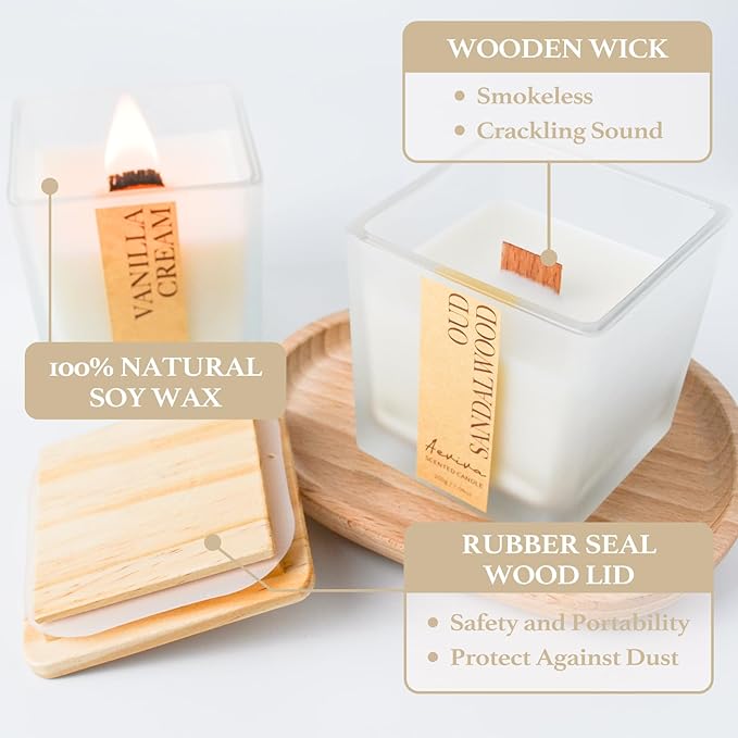 Scented Candle, 7.04 oz Oud Sandalwood Aromatherapy Candle, Natural Soy Wax with Wooden Wick, Candles for Home, 45 Hours Burn Time, Scented Jar Candle Gifts