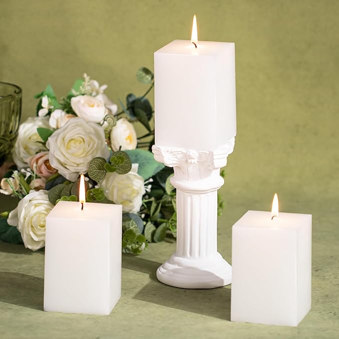 KONNI Square White Pillar Candles Set of 3, 2.8"x 4" Unscented Pillar Candles Bulk, 30 Hours Long Burning Candles, Smokeless&Dripless Large Candle for Wedding, Home Decoration, Parties, Spas, Dinner