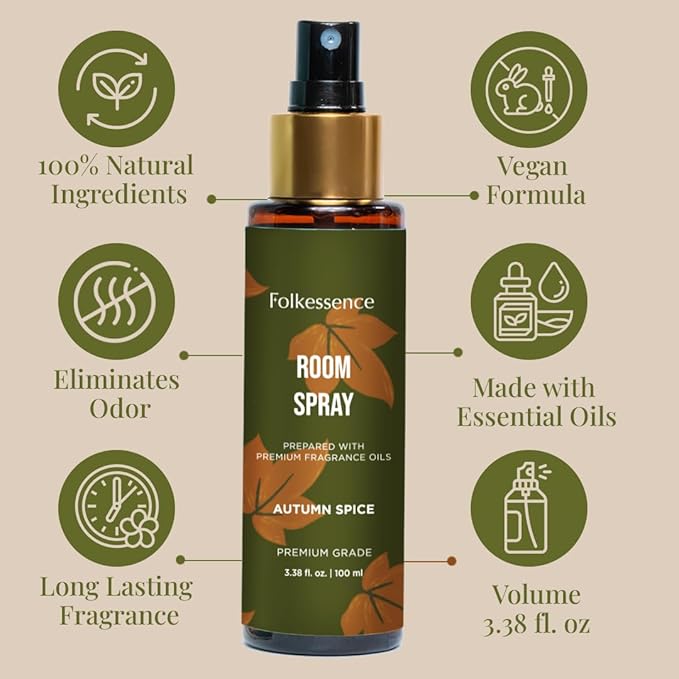 Folkulture Air Freshener - Odor Eliminator | Fragrance Spray for Bathroom, Shower, Home | Spice Scent or Fall Scents Room Spray for Living Rooms, Bathrooms with Natural Essential Oils | 3.38 Fl Oz