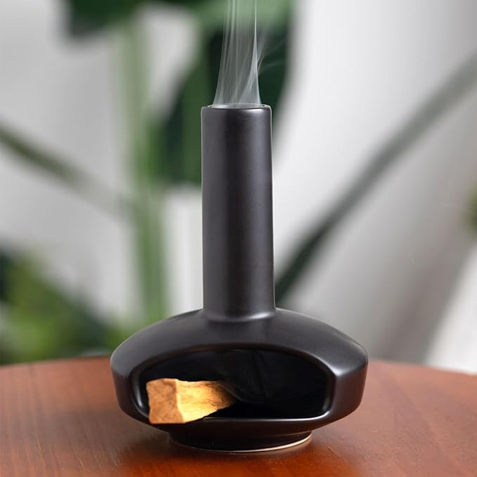Cute Modern Palo Santo Holder, Handcrafted Mid-Century Ceramic Burner for Stick and Incense Cone, Decorative holder with Chimney Design for Yoga & Meditation Spaces, Ideal Gift for Home Decor