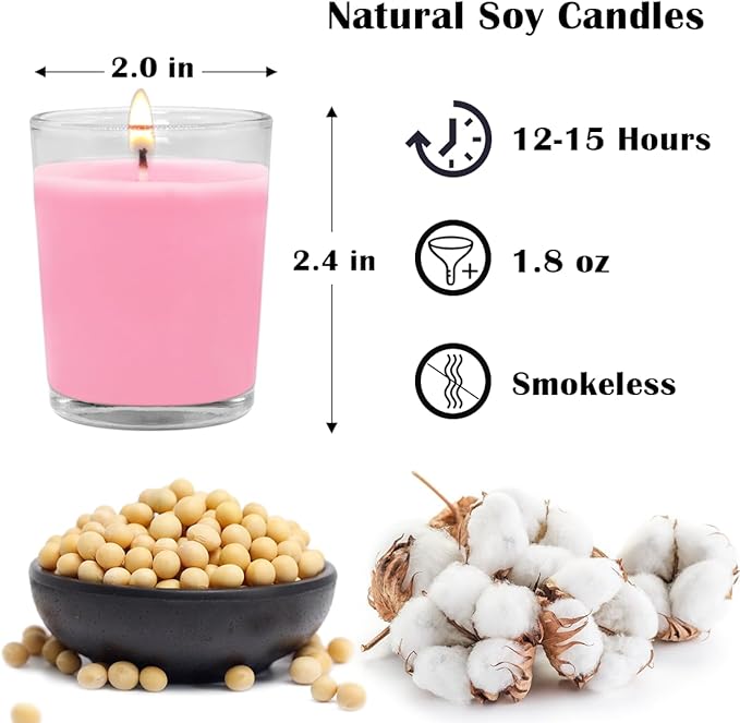 Set of 20 Pink Votive Candles Clear Glass Filled Unscented Soy Wax Candle for Home Spa Weddings Romantic Holiday Party and DIY