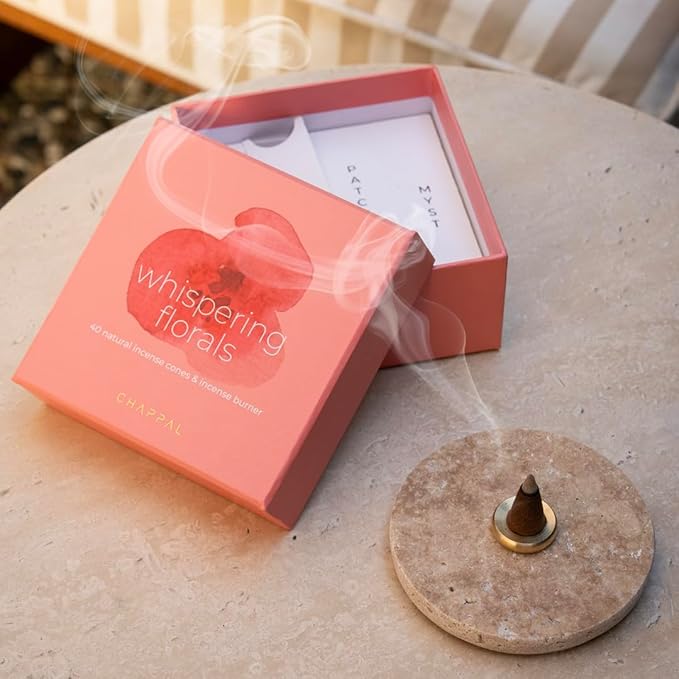 Whispering Florals Meditation Set – Floral Scented Cone Incense with Elegant Travertine-Brass Holder for Relaxation, Meditation & Aromatherapy