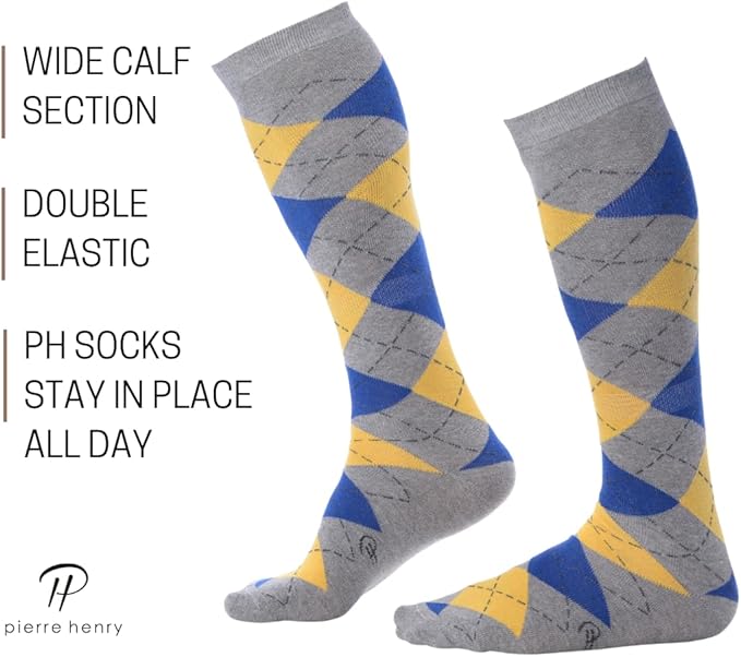 Pierre Henry Over the Calf Socks for Men (3 pairs) | Cotton Over the Calf Dress Socks | Long Socks Designed to Stay up 12+ hr