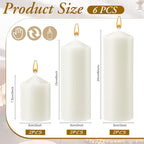 MTLEE 6 Pcs Pillar Candles 3 Set 2 in x 3, 6, 8 Inch Smokeless Dripless Unscented Pillar Candles Long Clean Burning Wax for Wedding Dinner Party Spa Emergency Ceremony Home Decor(White)