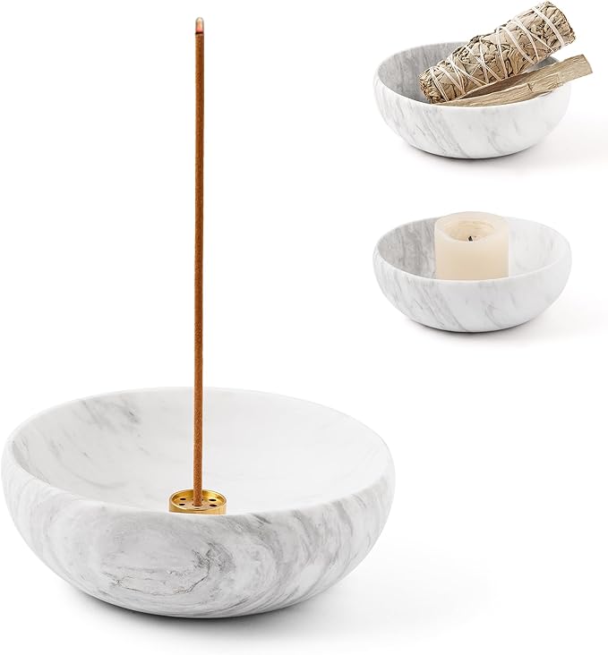 WORHE Marble Incense Holder, Natural Stone Incense Holder for Sticks with 9 Incense Holes, Handmade Incense Stick Burner Reflux Burner Ideal for Meditation Yoga Spa Room Decor White (WH086)