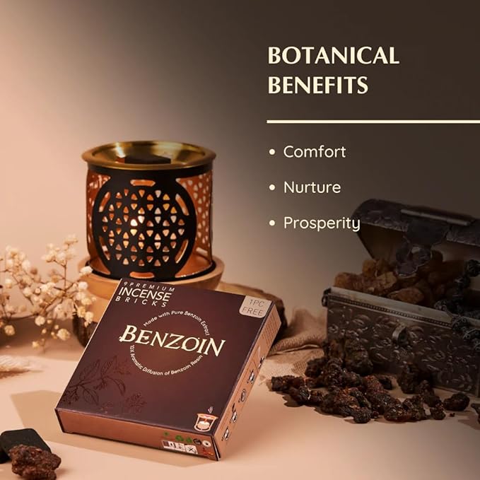 Benzoin Incense Bricks & Flower of Life Exotic Incense Burner by Aromafume | 2 Trays x 9 Bricks | Styrax Extract, Native to Indonesia | Ideal for Prayer & Meditation | Low-Smoke & Non-Toxic