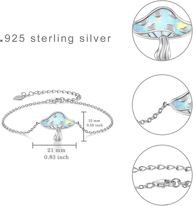 TYSO Mushroom Bracelet 925 Sterling Silver White/Pink/Blue Opal Mushroom Bracelet Jewelry Gift for Women