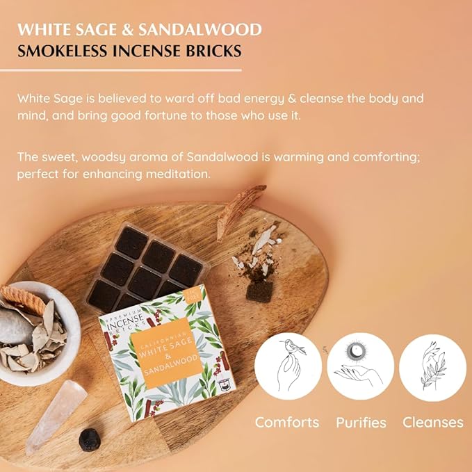 White Sage and Sandalwood Incense Bricks by Aromafume | 3x9 Bricks | Sage Incense for Cleansing Negative Energy & Protection | Sage for Smokeless Smudging & Spiritual Cleansing | Refill Pack