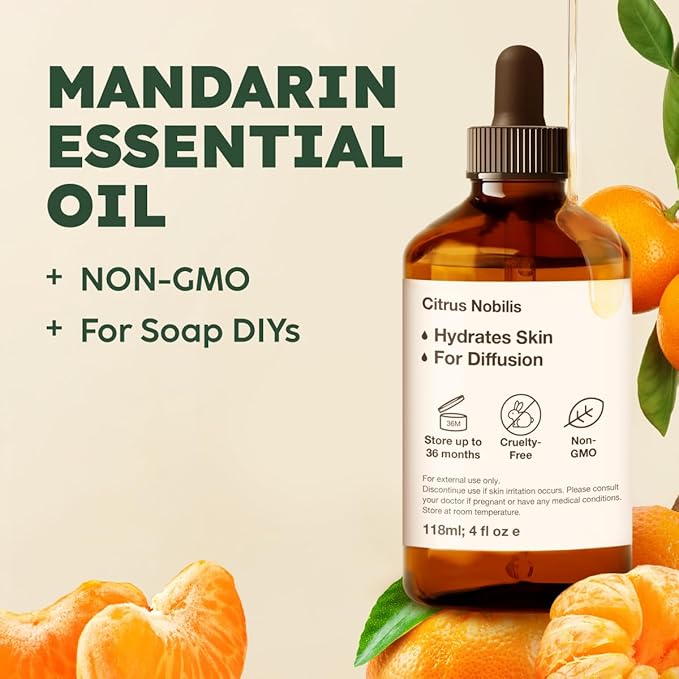 KUKKA Mandarin Essential Oils - 4 Fl Oz - for Hair, Skin, Diffuser, Aromatherapy & DIY Soap Making Scent