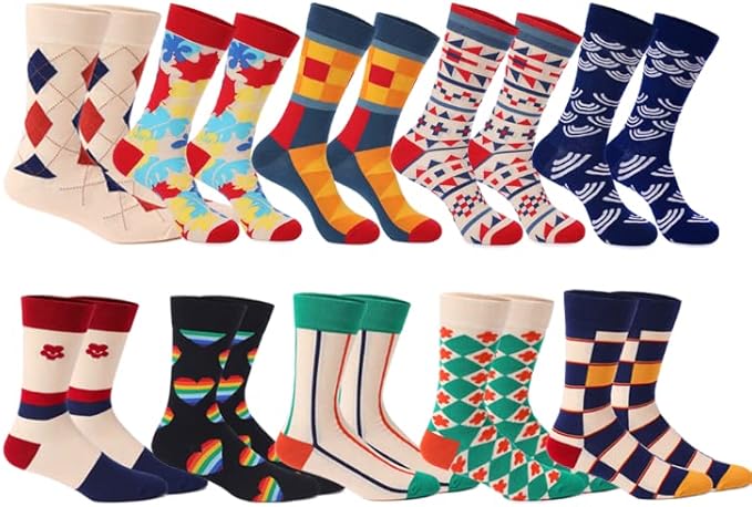 HHX YONLEE Dress Socks 5/6/10 Pairs Crew Argyle Colorful Cotton Novelty Casual Happy Fun