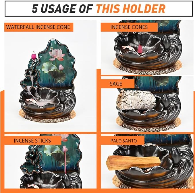 Mountain Waterfall Incense Burner，Backfall Incense Holder River, Incense Falls Meditation Decor for Room with Upgrade Incense Cones and Accessories (Applique)