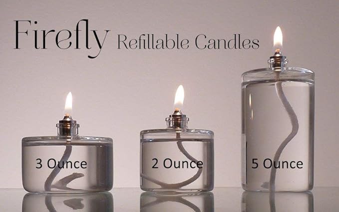 Firefly Fuels Refillable Glass Oil Candle - 3 oz Liquid Candle for Indoor Use, Outdoor Events, Emergency Lighting - Clean Burning with Wick and Holder Included. Use with Liquid Paraffin or Lamp Oil