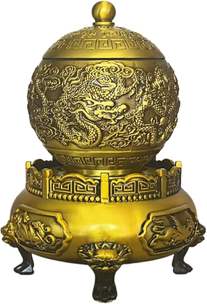 Spinning Chinese Brass Incense Burner with Lid - 1027g Solid Brass Dragon Lion Feng Shui Censer, 3.5 Inch Mouth for Sage and Cones, 4.7x4.7x6.3 Inch Natural Brass Altar Decor