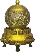 Spinning Chinese Brass Incense Burner with Lid - 1027g Solid Brass Dragon Lion Feng Shui Censer, 3.5 Inch Mouth for Sage and Cones, 4.7x4.7x6.3 Inch Natural Brass Altar Decor