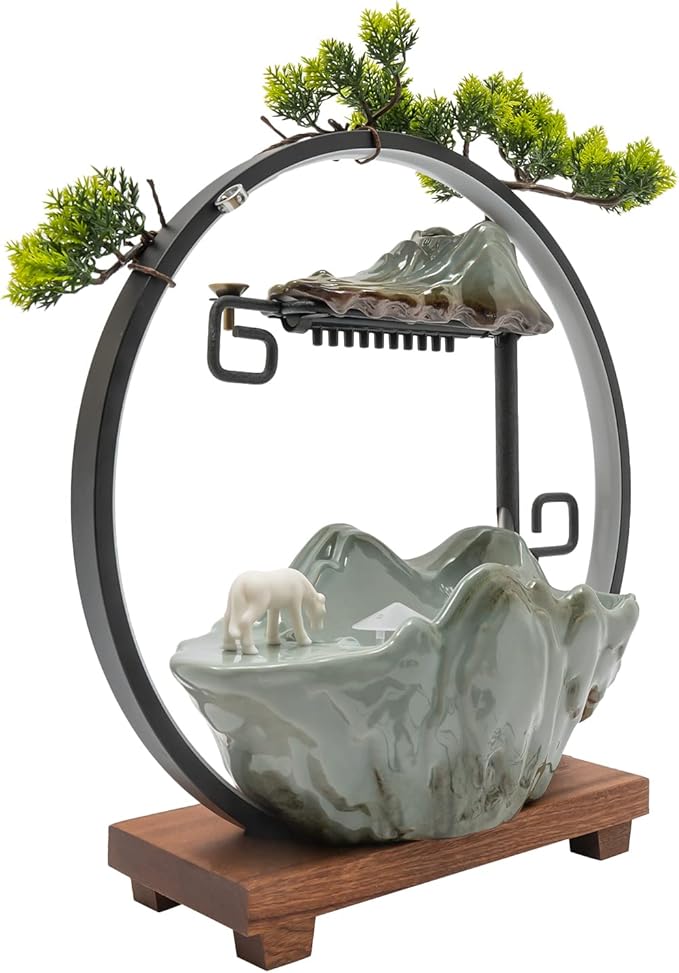 Backflow Incense Holder with Water Fountains and LED Light, Rockery, Horse and Plants Perfect for Relaxing or Home Decor (Horse witn Rockery)