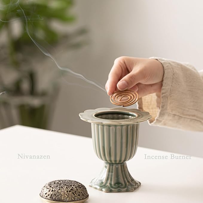 Ceramic Incense Holder with Braze Lid,Incense Cone Burner for Coil Incense,Mediation Gift,Home Decor (Light Green)