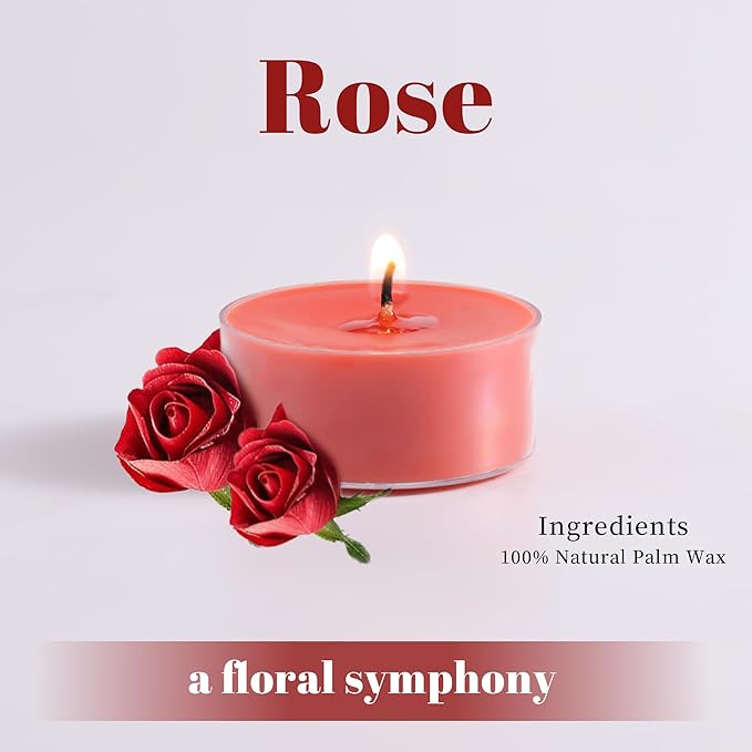 12 Pack Fresh Rose Scented Tea Lights Candles, 4-5 Hours Natural Palm Tea Candles Bulk for Home Scented, Small Tealight Votives with Essential Oils for Home, Wedding, Baby Shower Favors & Gifts
