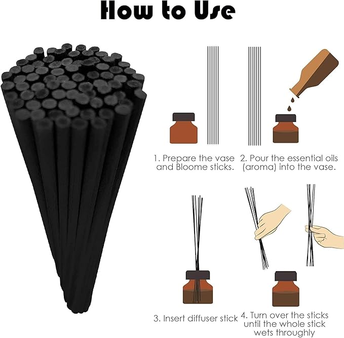 Resafy Reed Diffuser Sticks, Jecnovo Pack of 100 Fiber Sticks with Handmade Linen Bag, Safe and Non-Toxic, 9 Inches Long 3mm Diameter Aromatherapy Diffusers for Home, Spa and Office(Black)