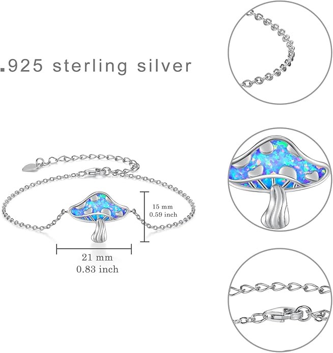 TYSO Mushroom Bracelet 925 Sterling Silver White/Pink/Blue Opal Mushroom Bracelet Jewelry Gift for Women