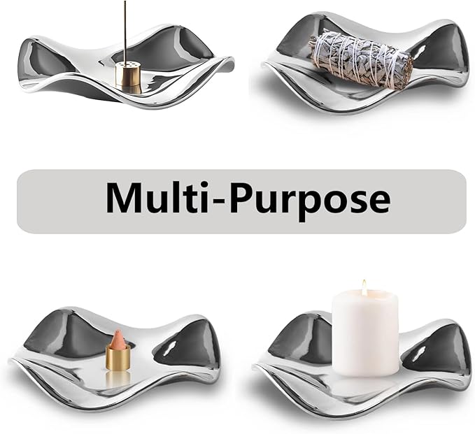 6.7 "Ceramic Incense Burner for Incense/Coil,Wavy Base with Brass -Incense Holder for Sticks,with Ash Catching Bowl for Meditation Yoga and Home Decoration (Silver)
