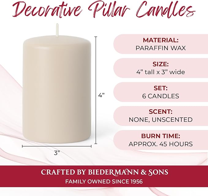 Biedermann & Sons Dripless Unscented Pillar Candles, 45-Hour Burn Time, Champagne, 3 x 4 Inch - Set of 6