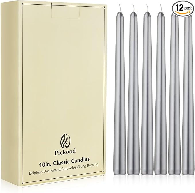 New Burning Formula Unscented Dripless 10-Inch Taper Candles Set of 12 - Silver, for Wedding, Dinner - Smokeless, Long Burning - Hand Poured, Colored Tall Candlesticks - Plata