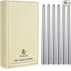 New Burning Formula Unscented Dripless 10-Inch Taper Candles Set of 12 - Silver, for Wedding, Dinner - Smokeless, Long Burning - Hand Poured, Colored Tall Candlesticks - Plata