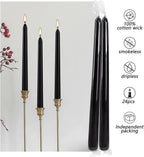 24 Pack Black Taper Candles, 7-8 Hours Burn Time, Unscented, Smokeless and Dripless, 0.75 x 10 Inch Dinner Candle Set for Halloween, Household, Wedding, Party and Home Décor Candlesticks
