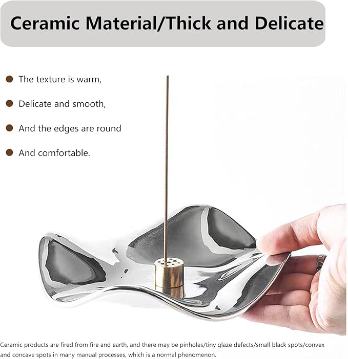 6.7 "Ceramic Incense Burner for Incense/Coil,Wavy Base with Brass -Incense Holder for Sticks,with Ash Catching Bowl for Meditation Yoga and Home Decoration (Silver)