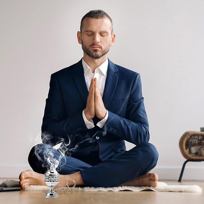 Yawlsow Incense Burner, Frankincense Charcoal Incense Stand, Bakhoor Incense Burner Holder, Ideal for Aromatherapy, Yoga and Spa, Home and Christian Church Censer, (Silver)