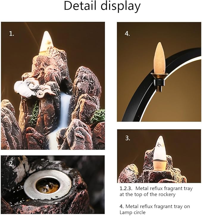Backflow Incense Waterfall Fountain Burner with Adjustable LED Light Ring,Resin Rockery Landscape Ornament insence-Stick Holder,Compatible with Cone and Stick Incense (Grayish Green)