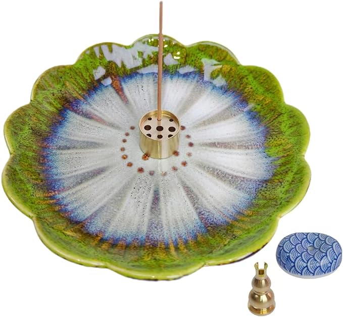 Ceramic Incense Holder for Sticks, Handmade Incense Burner Trays with 3 Pcs Incense Holes, Multi-Purpose Ash Catcher for Coils, White Sage & Palo Santo, Smudge Bowl for Meditation, Yoga, Decor (Green)