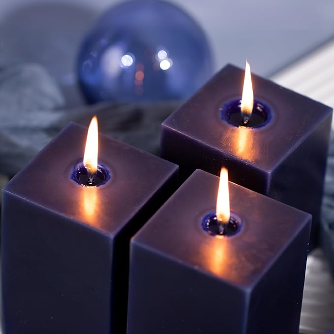 KONNI Square Dark Blue Pillar Candles Set of 3, 2.8"x4" Unscented Pillar Candles Bulk, 30 Hours Long Burning Candles, Smokeless Dripless Large Candle for Wedding, Home Decoration, Parties, Dinner