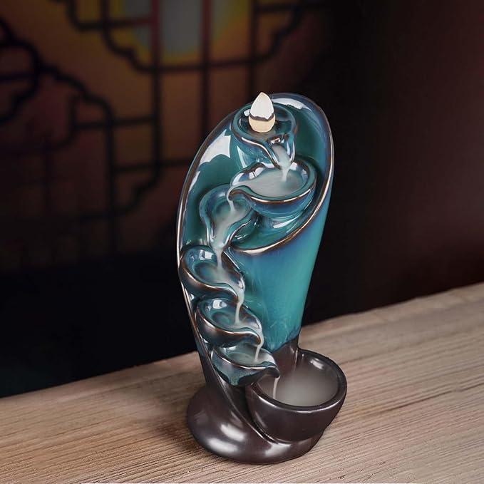 1 Pack Ceramic Incense Burner Waterfall, with 20 Cones and 30 Fragrance Sticks, Backflow Incense Burner Holder, Waterfall Torch Incense Burner, Smoke Fountain, for Room Office Aromatherapy Ornament