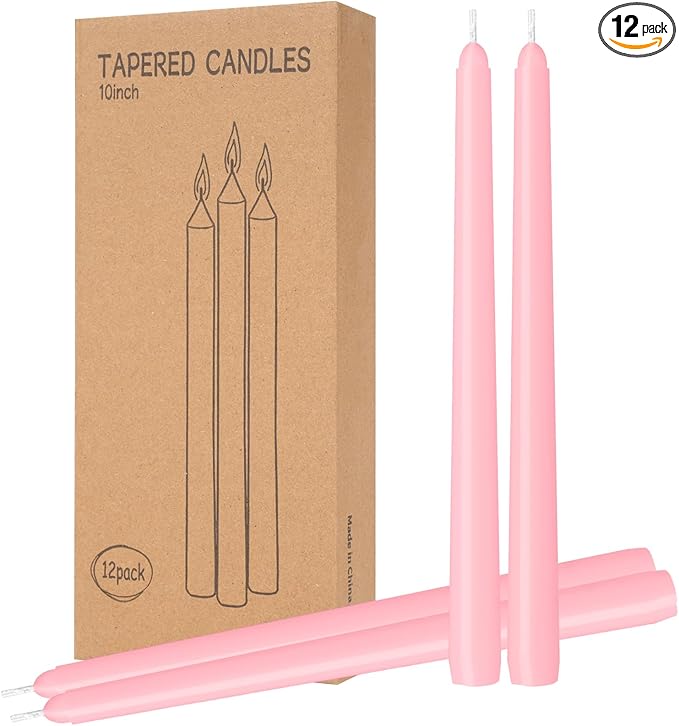 12 Pack Pink Taper Candles - Taper Candles 10 Inch Dripless, Smokeless & Unscented - 8 Hours Long Burning - Ideal for Weddings, Dinner Parties, and Home Decor