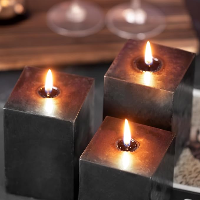 KONNI Square Black Pillar Candles Set of 3, 2.8"x 4" Unscented Pillar Candles Bulk, 30 Hours Long Burning Candles, Smokeless Dripless Large Candle for Wedding, Home Decoration, Parties, Spas, Dinner