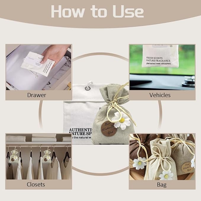 Home Refillable Fragrance Sachets 6-Pack, Lavender & Freesia Corn Cob Scent Bags for Closet Car Drawer, Natural Long-Lasting Freshener, Hemp Fabric Pouches