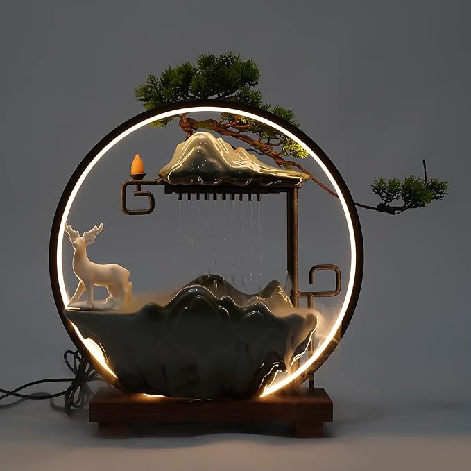 Backflow Incense Holder with Water Fountains and LED Light, Rockery, Deer and Plants Perfect for Relaxing or Home Decor (Deer witn Rockery)