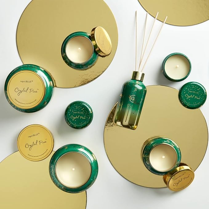 Capri Blue Glimmer Mini Tin - Crystal Pine Scented Candle with Mini Tin Candle Holder - Soy Wax Blend - Capri Blue Crystal Pine Emerald Green and Gold (3 oz)