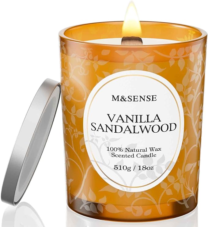 M&SENSE Vanilla Sandalwood Candle, Wooden Wick Strong Scented Candle,100 Hours Slow Burning No Toxin Natural Soy Wax 18oz, Stress Relief Aromatherapy Home Fragrance with Lid, House Warming Gift