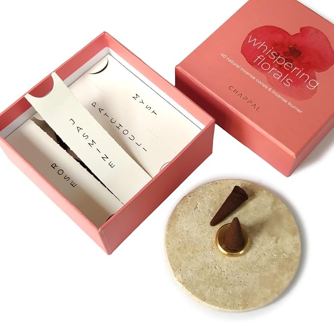 Whispering Florals Meditation Set – Floral Scented Cone Incense with Elegant Travertine-Brass Holder for Relaxation, Meditation & Aromatherapy