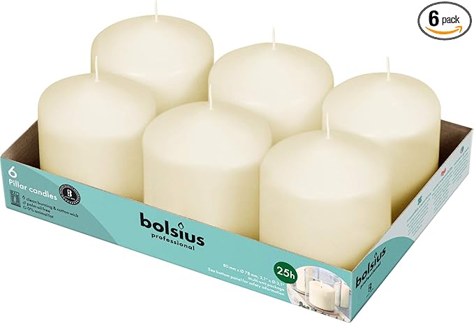 BOLSIUS 6 Ivory Pillar Candles Bulk - 3x3 Inches Candle Set - 25+ Hours Clean Burning - No Palm Oil - 0% Animal Fat - Premium European Quality - Unscented Dripless Dinner Pillars