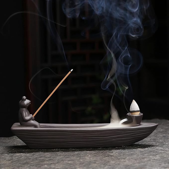 ChangWanna Frog Incense Holder Waterfall - Ceramic Cone Backflow Incense Burner Smoke Fountain, Back Flowing Incense Diffuser with 45 Sticks & 12 Cones, Frog Ornament for Aromatherapy/Yoga/Home Decor