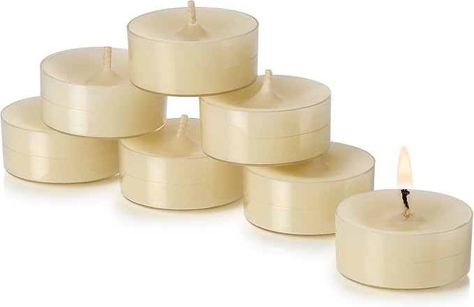 PARNOO 100% Natural White Beeswax Tealight Candles in Clear Plastic Cups, 4 Hours Burn time - Pack of 24